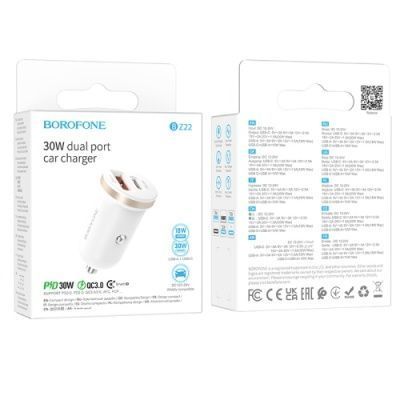 Автомобільний Зарядний Пристрій Borofone BZ22 1USB/18W/QC3.0 + 1Type-C/30W/PD (Бiлий) BZ22 фото