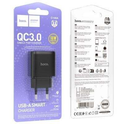 Мережевий Зарядний Пристрій Hoco C140A 1USB/18W/QC3.0 (Чорний) C140A фото
