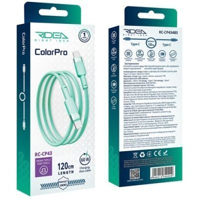 Кабель Ridea RC-CP43 ColorPro Type-C to Type-C 60W 1.2m (Зелений) CP43 фото